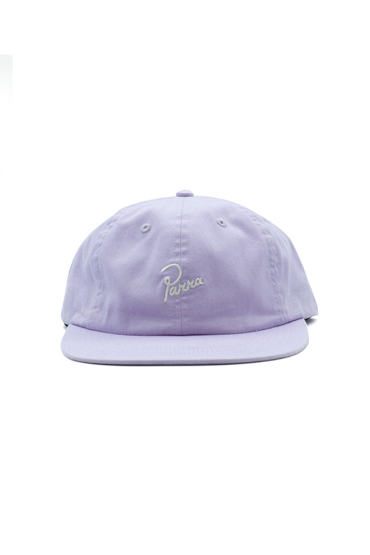 Front view of the light purple lavender By Parra Signature 6 Panel Cap, made in USA from pre-washed cotton twill with a flat visor and small white embroidered Parra script logo centered on the front crown.