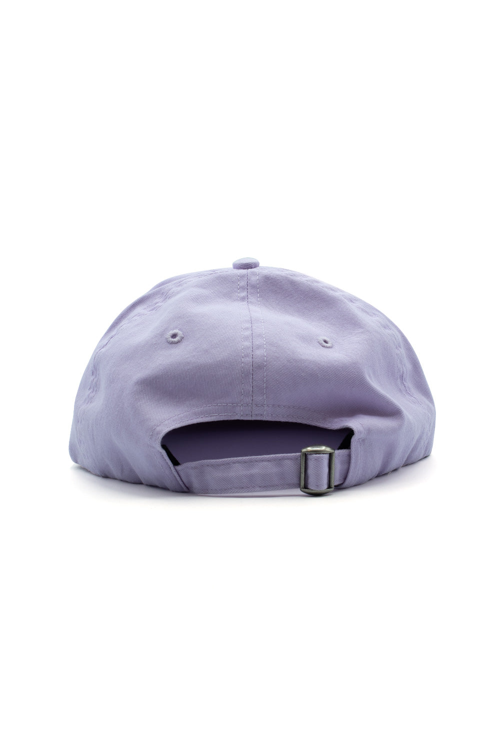 Rear view of the purple By Parra Signature 6 Panel polo fit strapback cap, highlighting the matching light purple cotton strap enclosure with a metal slider buckle.
