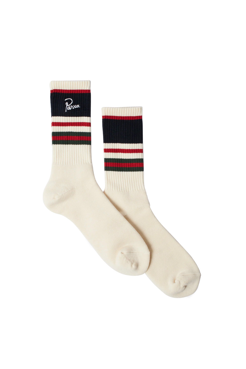 Studio flat lay pair of By Parra Signature Striped Crew Socks in cream off-white, expertly made in Japan with a premium ribbed cotton blend, featuring collegiate athletic multi-colored horizontal stripes in dark navy blue, crimson red, and forest green, finished with white cursive script Parra brand logo embroidery on the upper ribbed shaft.