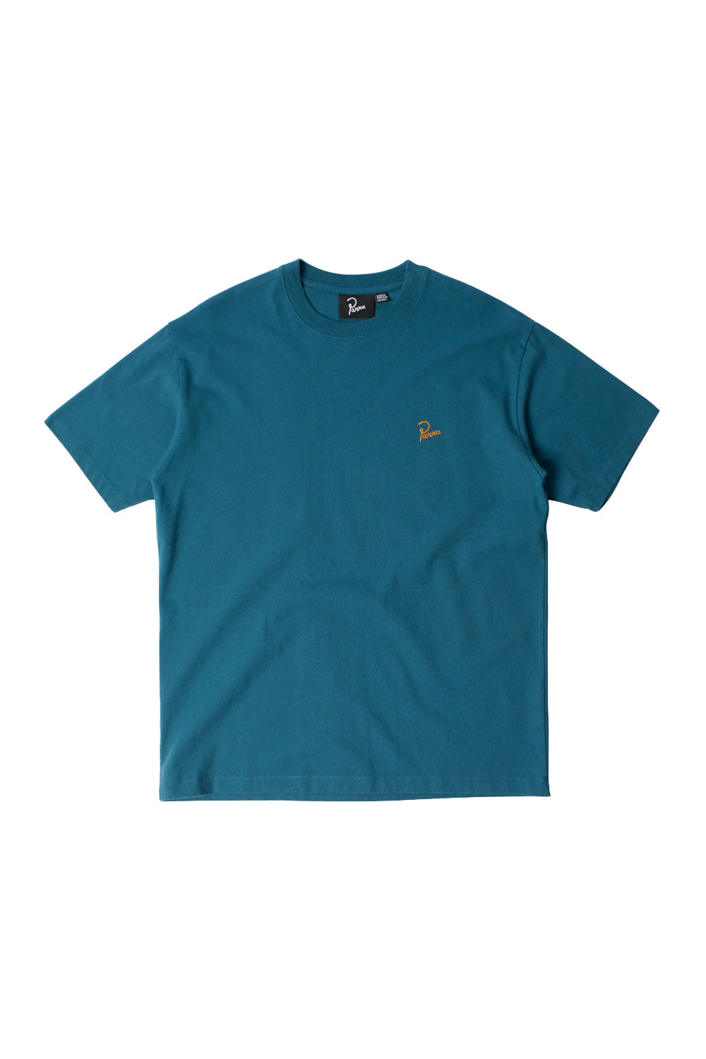 Front view of the teal blue By Parra Signature T-Shirt, crafted in Portugal from heavy 240 grams eco pre-washed cotton, featuring a minimal yellow embroidered Parra script logo on the left chest.