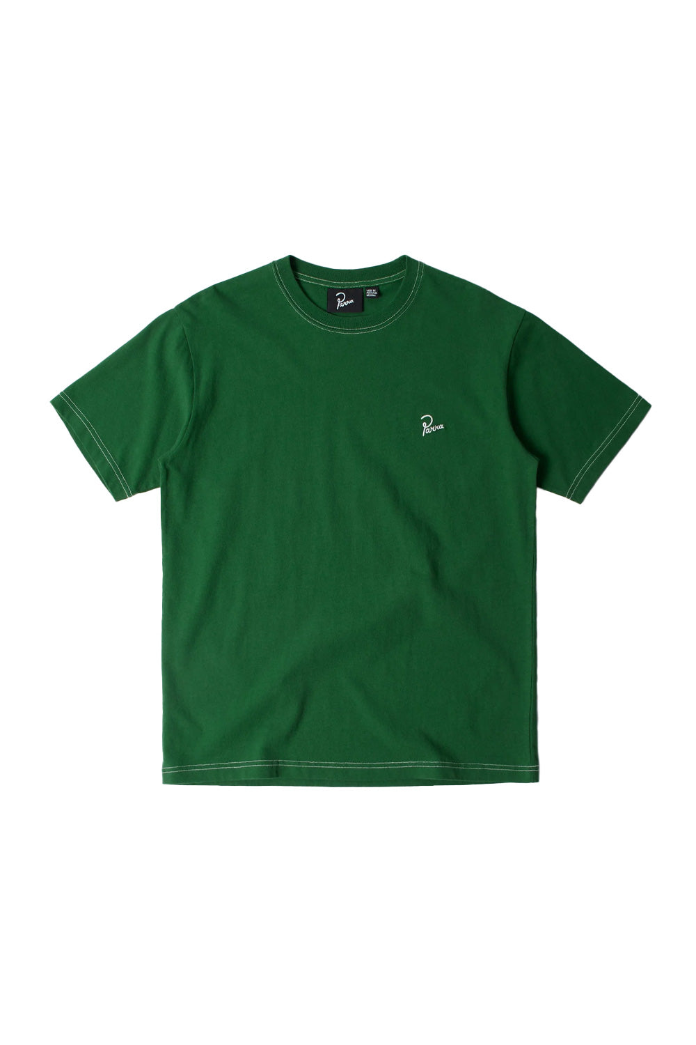 Front flat lay view of the By Parra Signature T-Shirt in forest green, crafted in Portugal from heavyweight 240-gram eco pre-washed cotton jersey, featuring white contrast topstitching along the crew neckline, sleeve cuffs, and bottom hem, finished with white cursive embroidered Parra signature script lettering on the left chest.