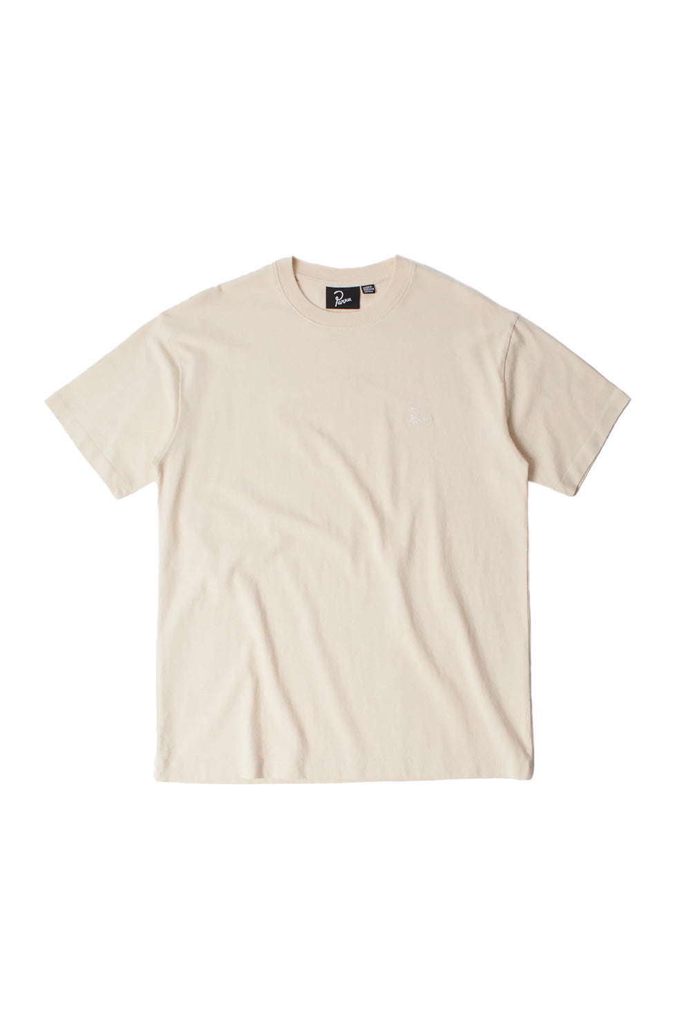 Front view of the natural off-white By Parra Signature T-Shirt, crafted in Portugal from heavy 240 grams eco pre-washed cotton, featuring a subtle white embroidered Parra script logo on the left chest.