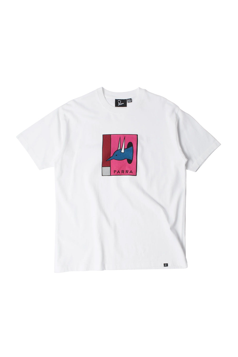 Front view of the white By Parra The Hunted T-Shirt, crafted from heavy 240 grams eco pre-washed Portuguese cotton, featuring a surrealist blue hybrid character chest graphic in a pink and burgundy frame.