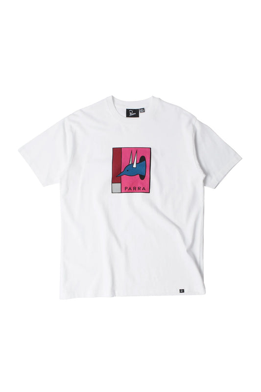Front view of the white By Parra The Hunted T-Shirt, crafted from heavy 240 grams eco pre-washed Portuguese cotton, featuring a surrealist blue hybrid character chest graphic in a pink and burgundy frame.