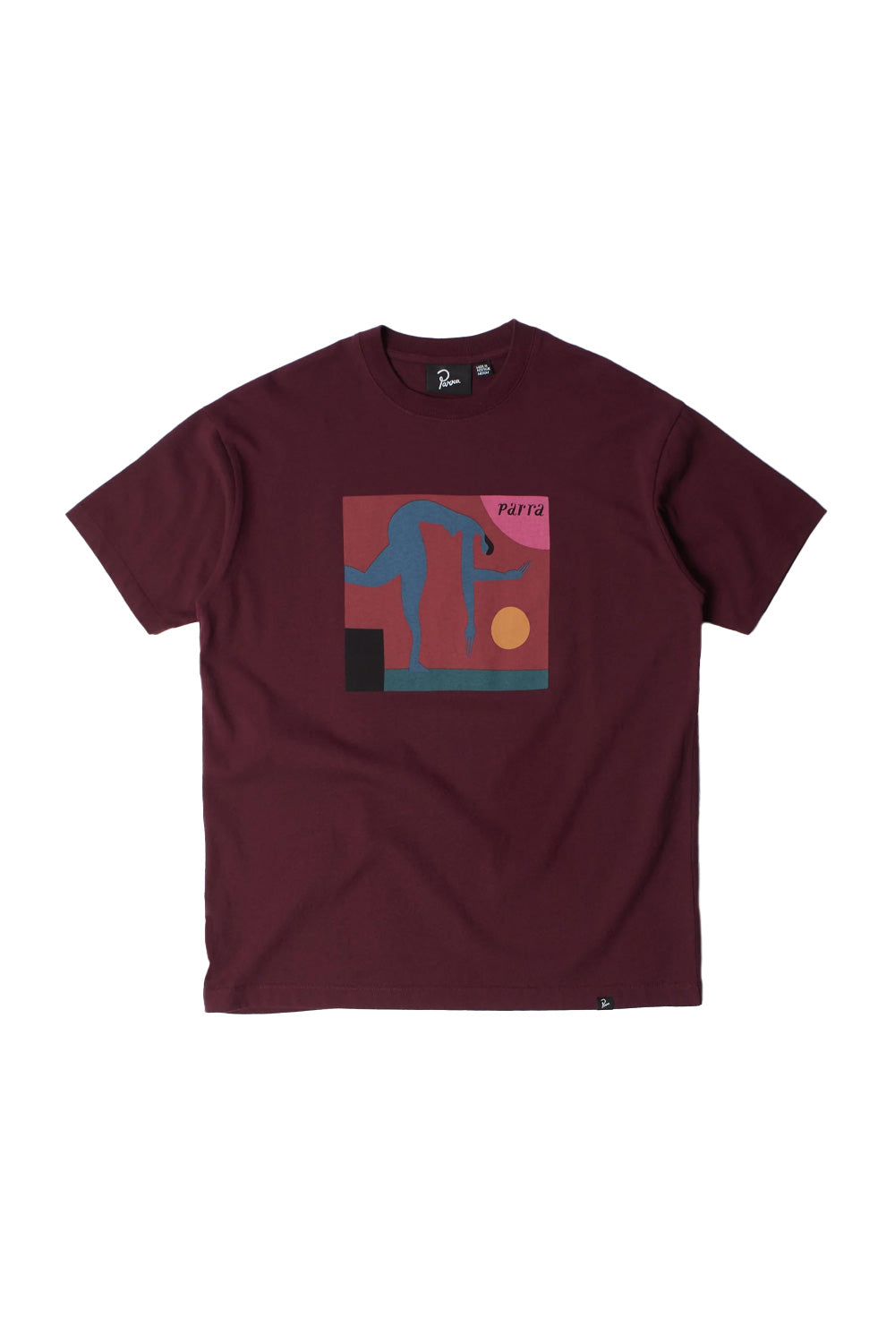 Front flat lay view of the By Parra Tripped Up T-Shirt in dark red burgundy, constructed in Portugal from heavyweight 240-gram eco pre-washed cotton, featuring a ribbed crewneck, short sleeves, a black woven brand label at the hem, and a centered square chest print depicting an arched blue surrealist figure on a red-orange ground beside a yellow sun with Parra script lettering.