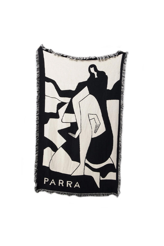 Full vertical display view of the By Parra Waiting For You Throw Blanket, made in the USA from heavy jacquard-woven 100% cotton, measuring 137 cm by 182 cm, featuring fringed edges and Pieter Parra's bold monochrome black and off-white surrealist artwork depicting an abstract seated figure with bold white "PARRA" block lettering along the bottom border.