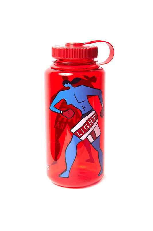 Front view of the transparent red 1-liter By Parra Water Slapped Nalgene water bottle made in USA, featuring a blue surrealist boxer figure wearing red boxing gloves and white shorts printed with LIGHT text.