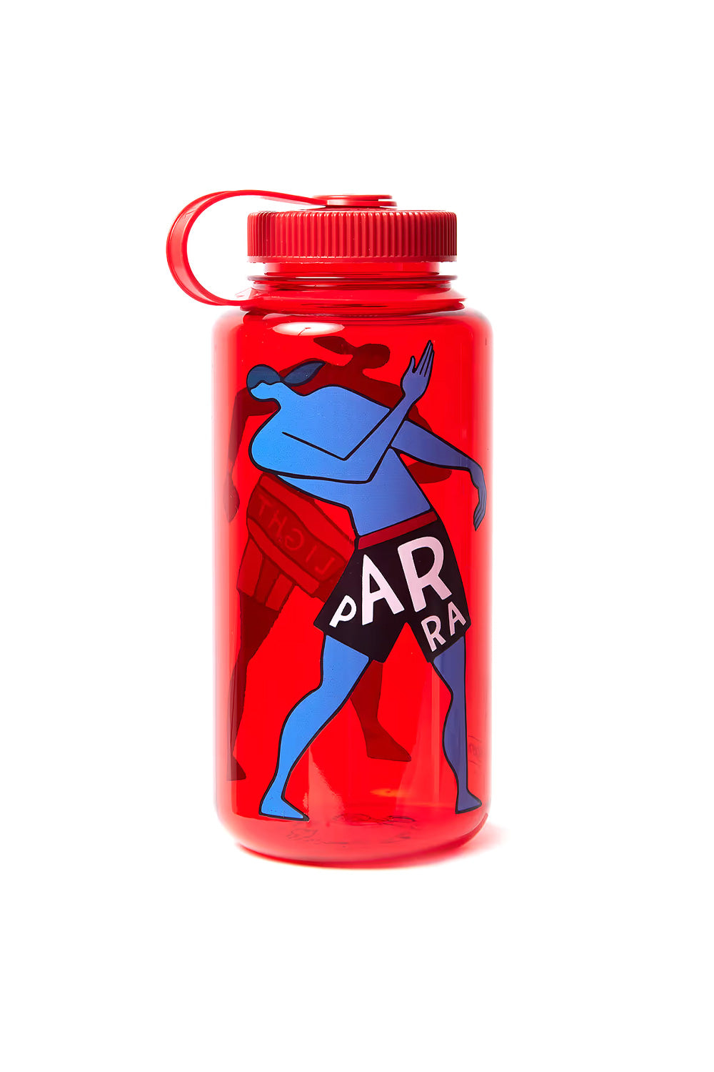 Back view of the BPA-free red By Parra Nalgene wide-mouth drinking bottle, displaying a second blue hybrid character graphic wearing black trunks printed with PARRA lettering.