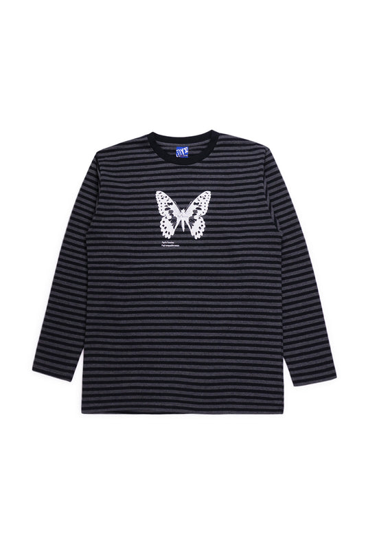 Bye Jeremy Butterfly Stripes Longsleeve in black with horizontal stripes, heavy weight 100% cotton fabric and white butterfly chest graphic, wide-fit skate-inspired long sleeve shirt.