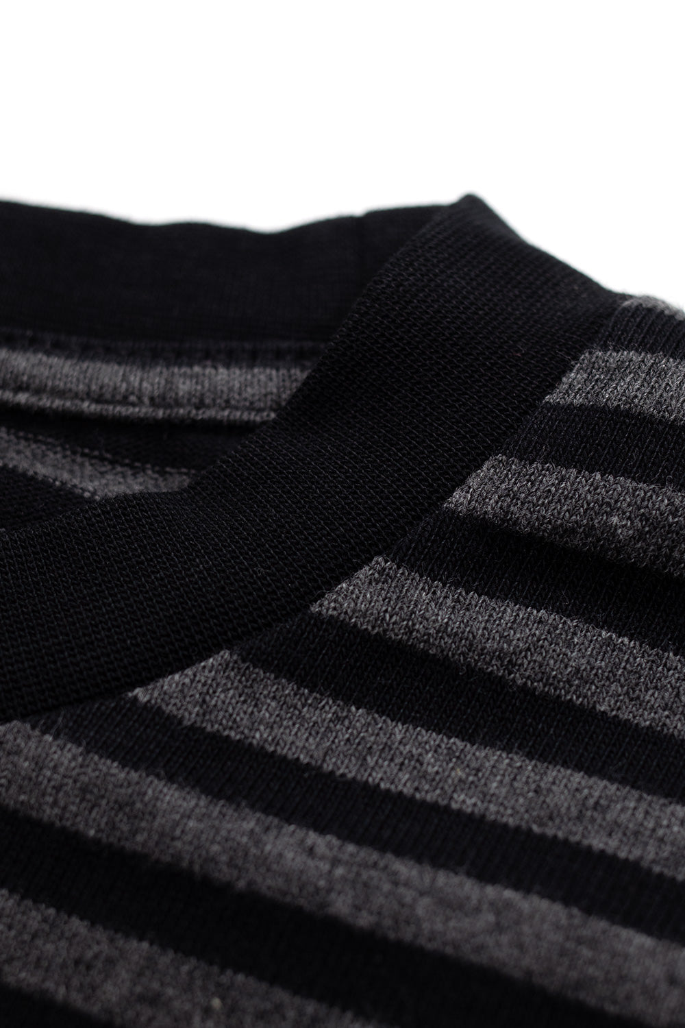 Detail shot of the neck and ribbed collar on the Bye Jeremy Butterfly Stripes Longsleeve Black, highlighting the durable heavy weight cotton and striped knit fabric.