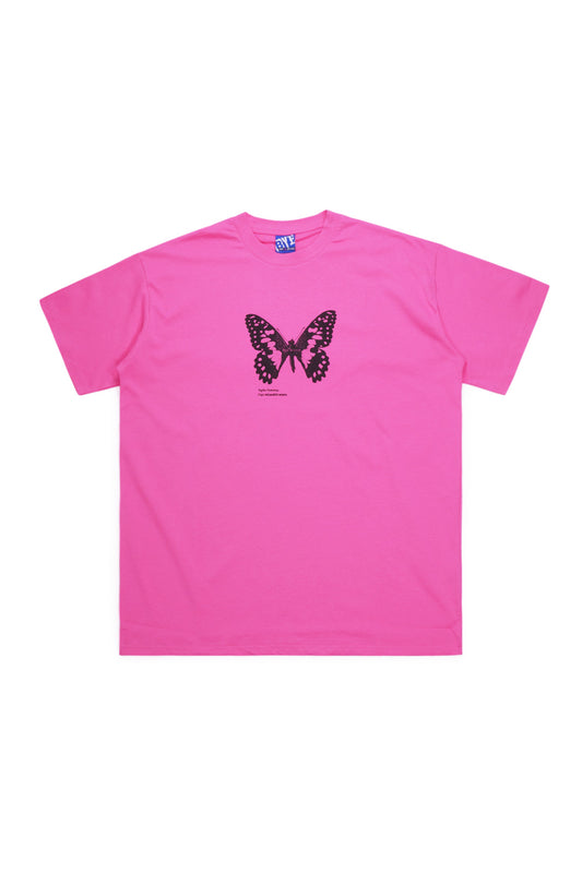 Bye Jeremy Butterfly T-Shirt in Pink featuring a heavyweight 100% cotton fabric, wide-fit silhouette, and black screen-printed butterfly graphic inspired by 90s skate culture.