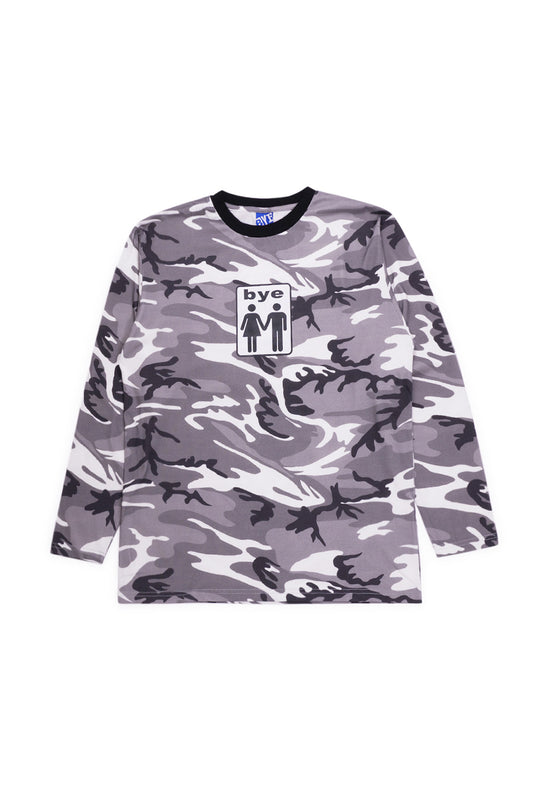 Bye Jeremy Couple Camo Longsleeve Snow Camo featuring grey camouflage pattern, heavy-weight cotton fabric, wide fit, and bold ‘bye couple’ chest graphic—Paris skate brand inspired by 90s and 2000s street culture.
