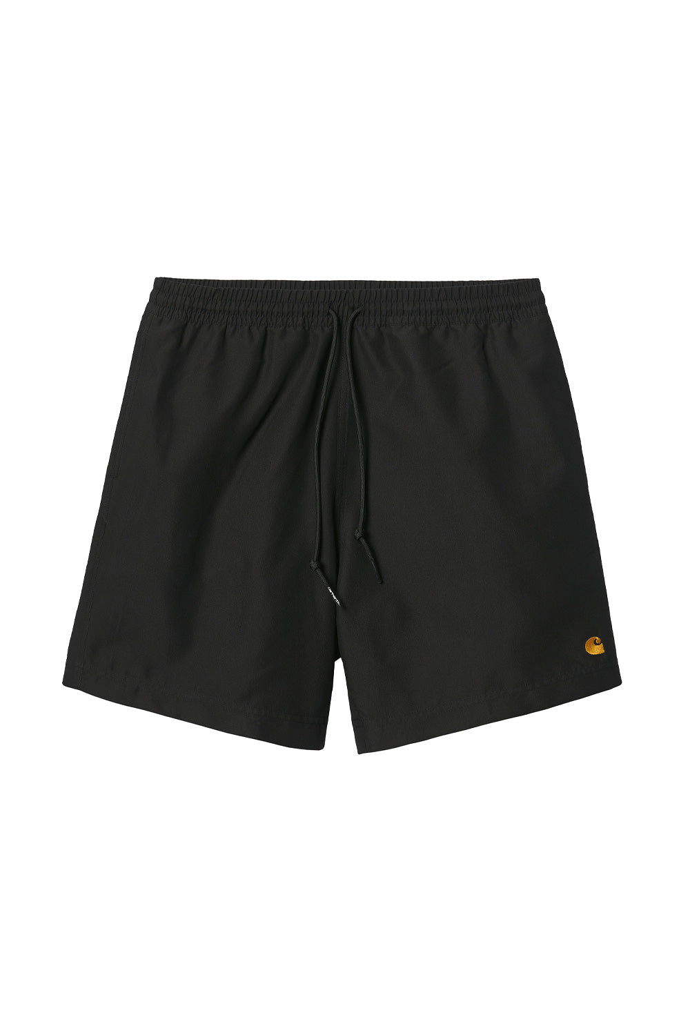 "Vorderansicht der Carhartt WIP Chase Swim Trunks in Black/Gold – klassische Badehose aus schnell trocknendem Material mit elastischem Bund"