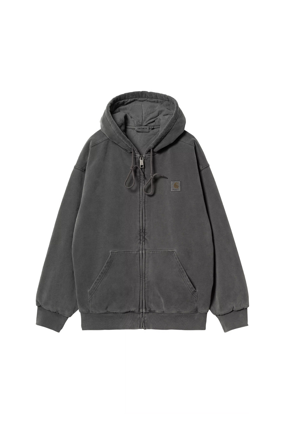 Front flat lay view of the Carhartt WIP Hooded Vista Jacket in washed garment-dyed black, showcasing a voluminous balloon fit silhouette made from heavy cotton fleece, complete with a full front metal zip closure, knotted hood drawstrings, split kangaroo hand pockets, wide ribbed hem and cuffs, and a tonal woven square Carhartt label on the left chest.