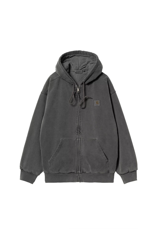 Front flat lay view of the Carhartt WIP Hooded Vista Jacket in washed garment-dyed black, showcasing a voluminous balloon fit silhouette made from heavy cotton fleece, complete with a full front metal zip closure, knotted hood drawstrings, split kangaroo hand pockets, wide ribbed hem and cuffs, and a tonal woven square Carhartt label on the left chest.