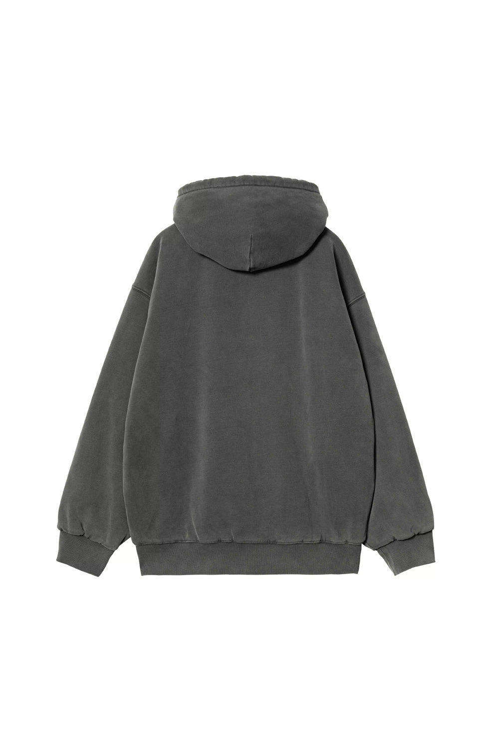 Back flat lay view of the Carhartt WIP Hooded Vista Jacket in washed black, displaying dropped shoulder seams, washed-out faded vintage patina across the seams and hem, and a generously proportioned fleece hood.