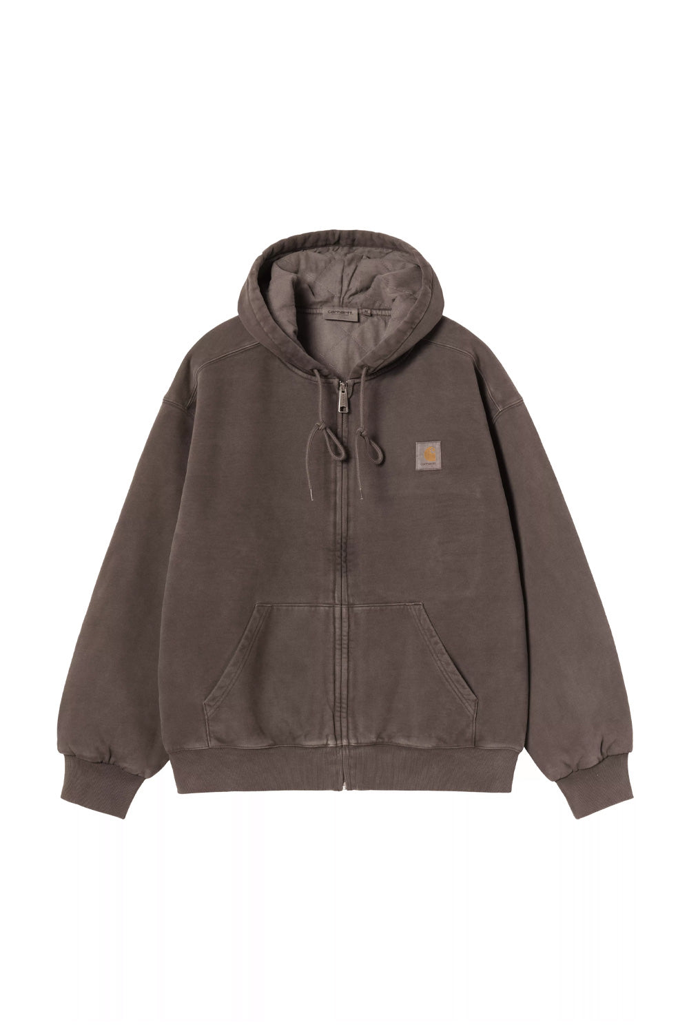 Front flat lay view of the Carhartt WIP Hooded Vista Jacket in tobacco brown, showcasing a heavyweight balloon fit hooded sweat jacket with a garment-dyed washed patina, metal full-zip front, knotted hood drawstrings, split kangaroo pockets, ribbed cuffs and hem, and a tonal woven square Carhartt label on the left chest.