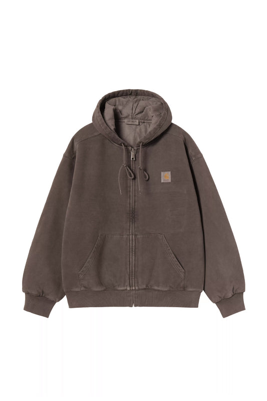 Front flat lay view of the Carhartt WIP Hooded Vista Jacket in tobacco brown, showcasing a heavyweight balloon fit hooded sweat jacket with a garment-dyed washed patina, metal full-zip front, knotted hood drawstrings, split kangaroo pockets, ribbed cuffs and hem, and a tonal woven square Carhartt label on the left chest.