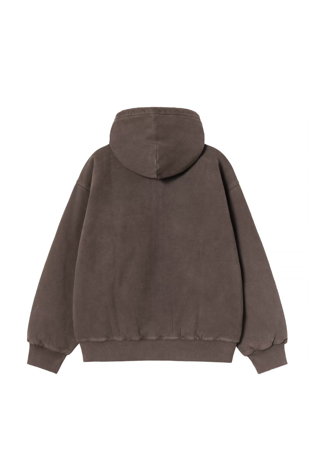 Back flat lay view of the Carhartt WIP Hooded Vista Jacket in tobacco brown, displaying the relaxed drop-shoulder cut, smooth garment-dyed cotton fleece fabric with subtle vintage faded seams, gathered rib-knit waistband, and the contour of the structured hood.