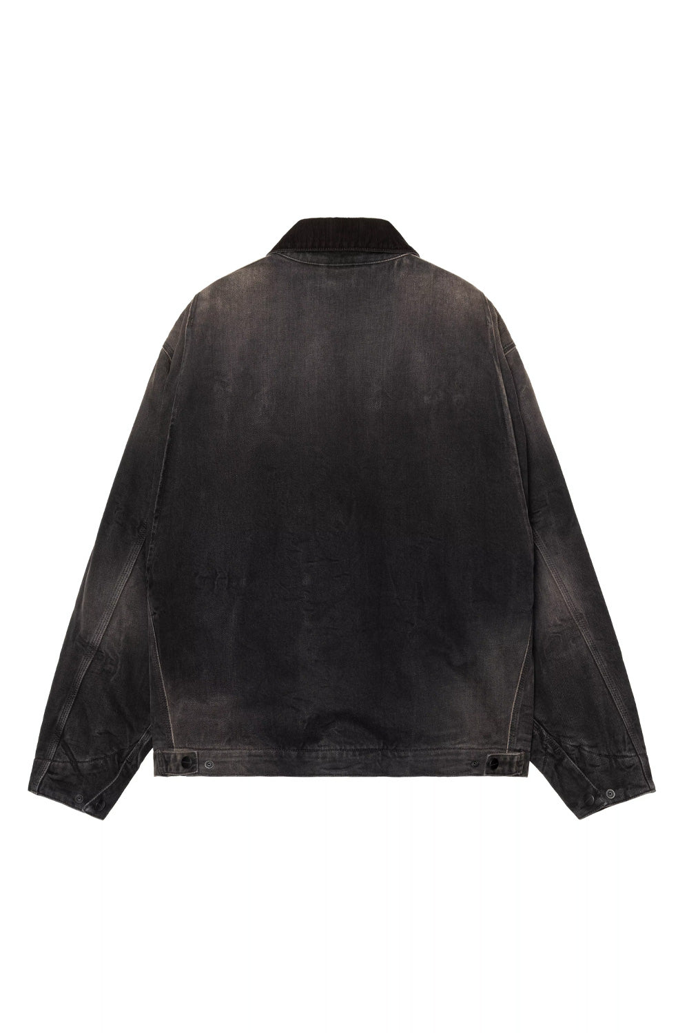 Back flat lay view of the Carhartt WIP OG Detroit Jacket in Black / Tobacco Used Wash, highlighting the wide relaxed cut, rear shoulder pleats for movement, washed fade across the heavy denim twill, and adjustable snap-button tabs along the waistband hem.