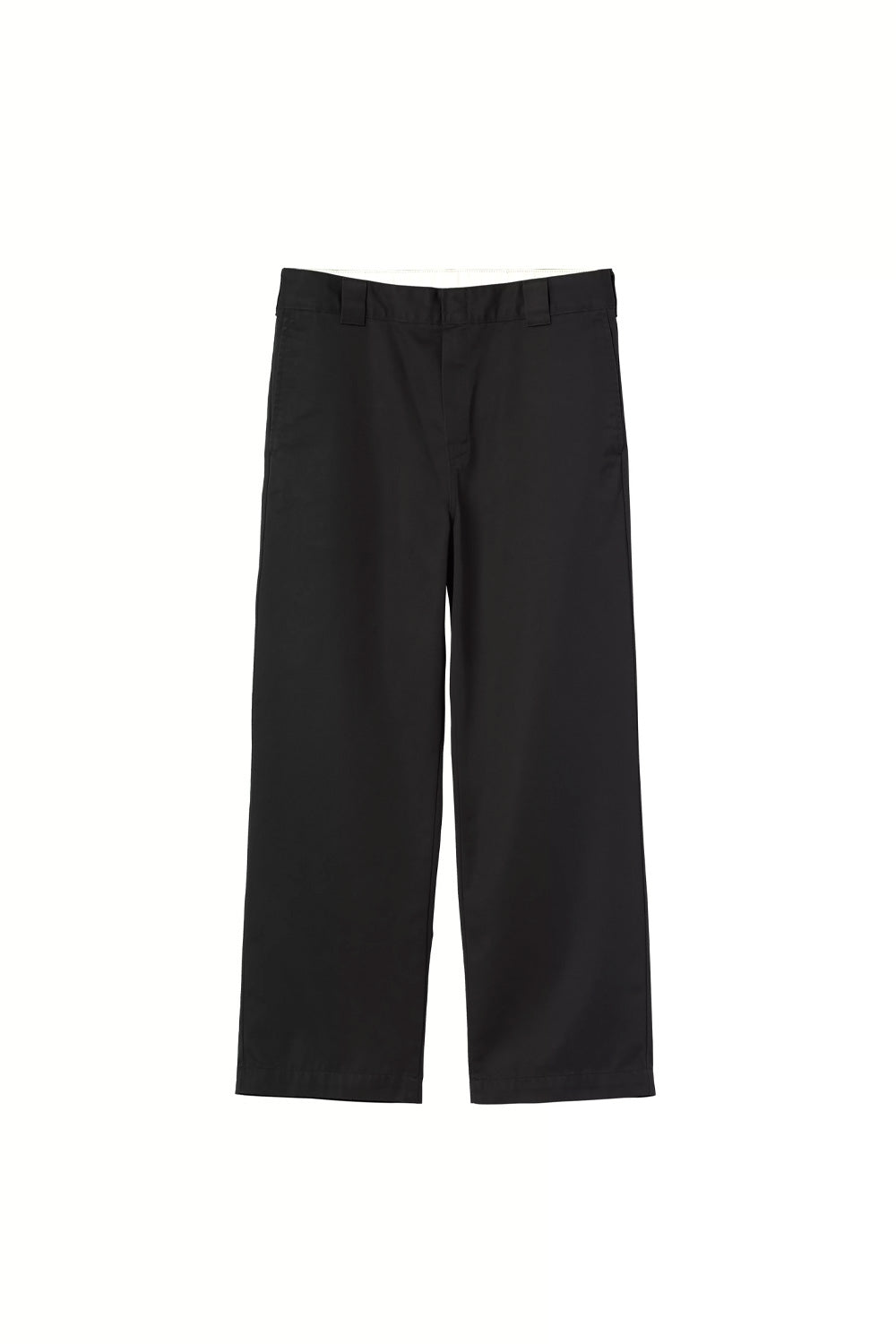 Front flat lay view of the Carhartt WIP OG Master Pant in Black Rinsed, showcasing the loose straight-leg chino silhouette, clean flat front, side entry slash pockets, wide tunnel belt loops along the waistband, and durable black rinsed twill fabric.