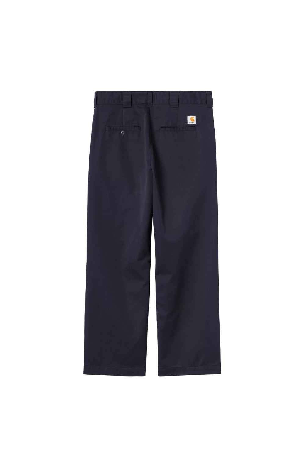 Rear flat lay view of the Carhartt WIP OG Master Pant in Dark Navy Rinsed, showcasing the loose straight-leg workwear fit in poly-cotton twill fabric, sturdy belt loops, two horizontal welt back pockets with button fastening on the left side, and the signature white and yellow square Carhartt woven logo patch on the right.