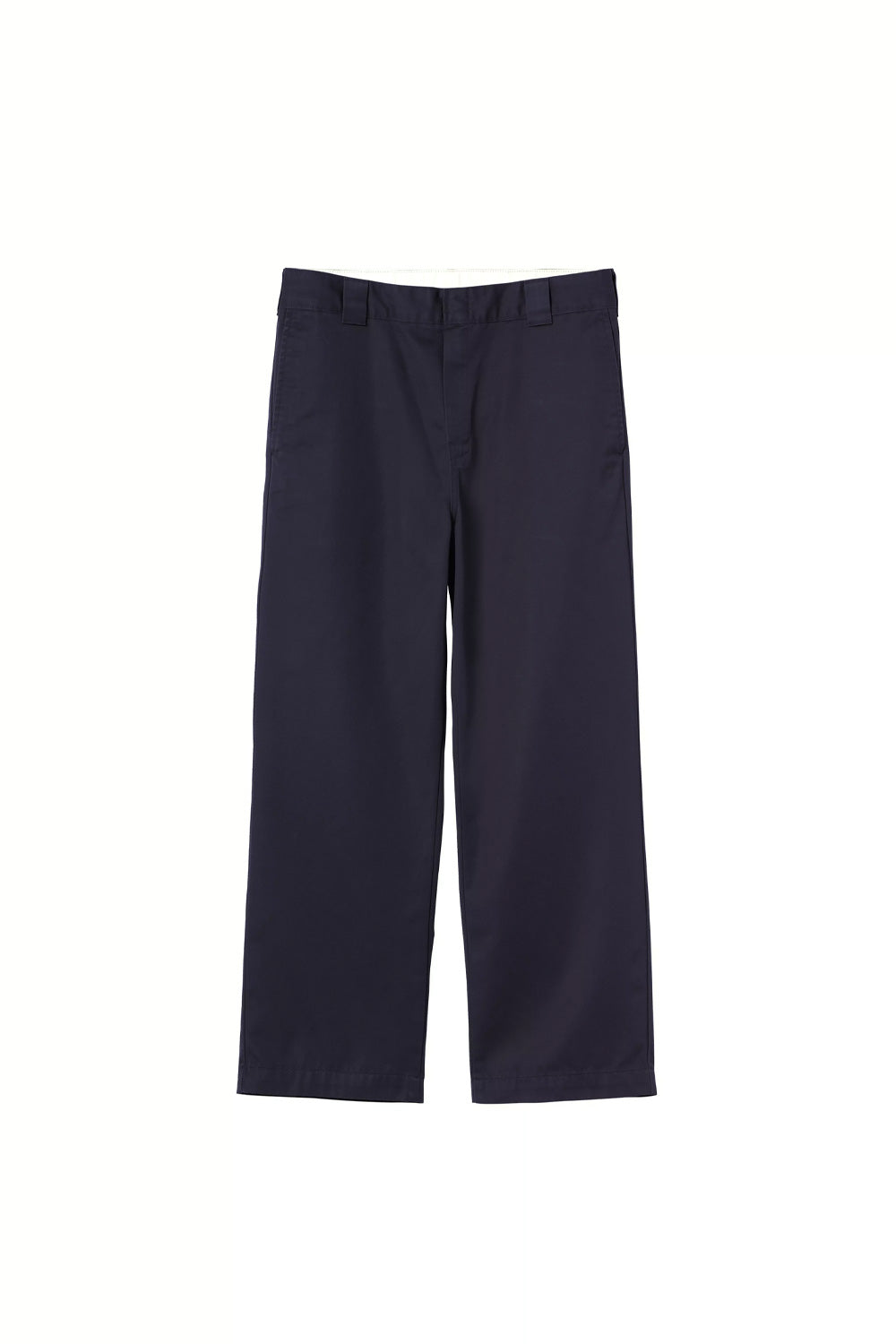 Front flat lay view of the Carhartt WIP OG Master Pant in Dark Navy Rinsed, highlighting the relaxed straight cut, clean flat-front chino design, side slash pockets, wide tunnel belt loops around the waistband, and deep navy blue rinsed twill weave.