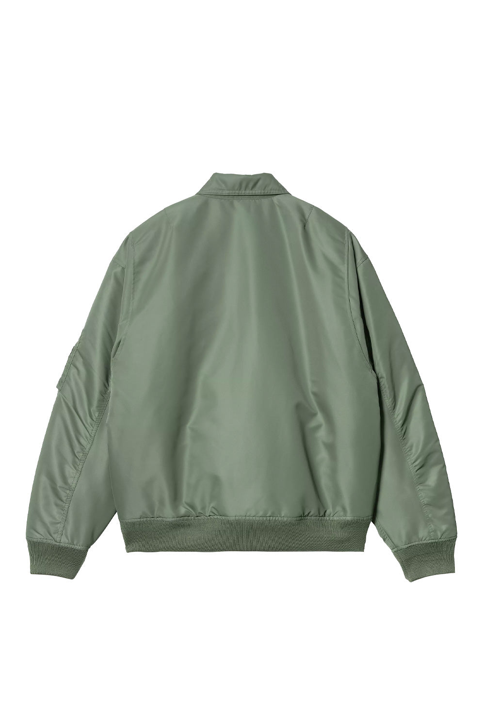 "Rückansicht der Carhartt WIP Olten Bomber Jacket in Duck Green/Turmeric – moderne Jacke mit elastischem Saum und farblichem Akzent an den Bündchen"