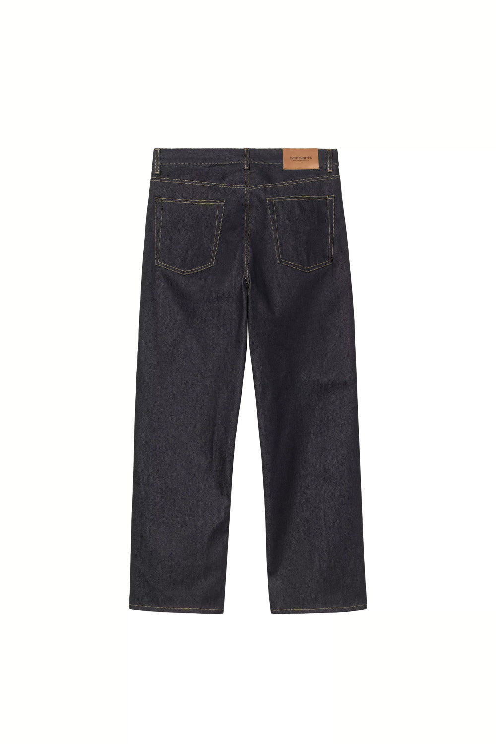 Rear flat lay view of the Carhartt WIP Payson Pant in Blue Rigid, tailored in a clean straight-leg silhouette from raw unwashed deep indigo cotton denim, featuring two reinforced back patch pockets with contrast tobacco stitching, belt loops, and a brown leather Carhartt Work In Progress embossed logo patch at the rear waistband.