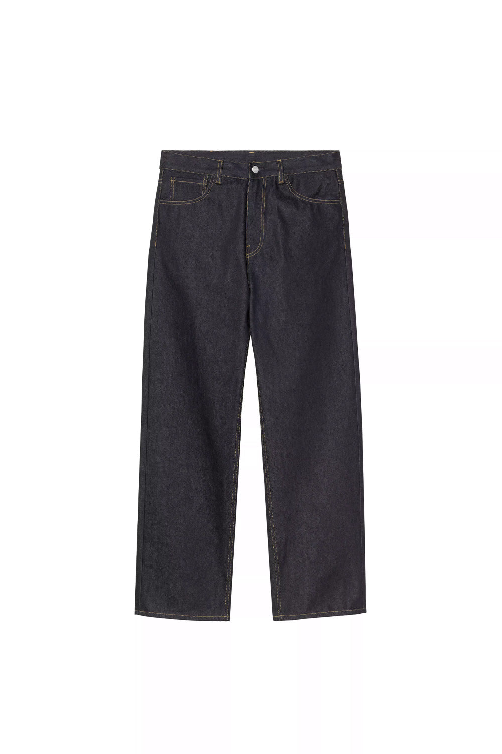 Front flat lay view of the Carhartt WIP Payson Pant in Blue Rigid, displaying the classic 5-pocket design, straight-leg cut, tonal indigo denim weave, waistband with silver Carhartt shank button, YKK zip fly, and contrast gold topstitching along the pockets and seams.