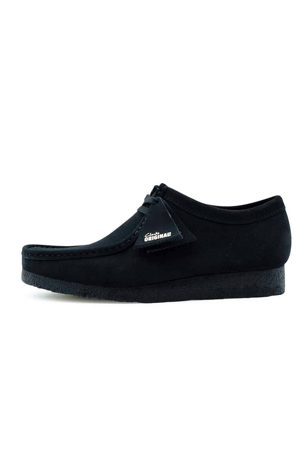 Lateral side profile view of the Clarks Originals Wallabee shoe in Black Suede, displaying the deep black soft suede upper, traditional moccasin apron toe stitching, tonal black natural crepe rubber sole, and matching black suede fob tags.