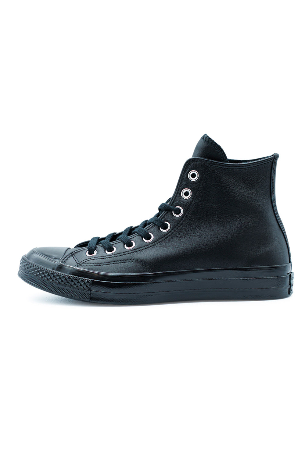 Converse Chuck 70 Hi Black Black White high-top sneaker with premium leather upper, vintage Chuck patch, and OrthoLite cushioning.