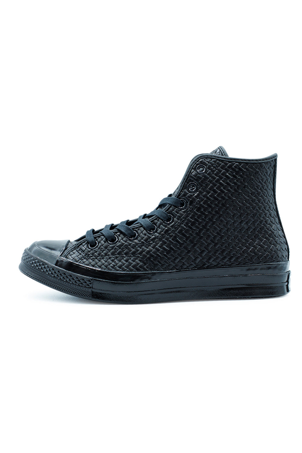 Converse Chuck 70 Hi Woven Leather Black high-top sneaker, premium woven leather upper with vintage Chuck patch and OrthoLite cushioning.