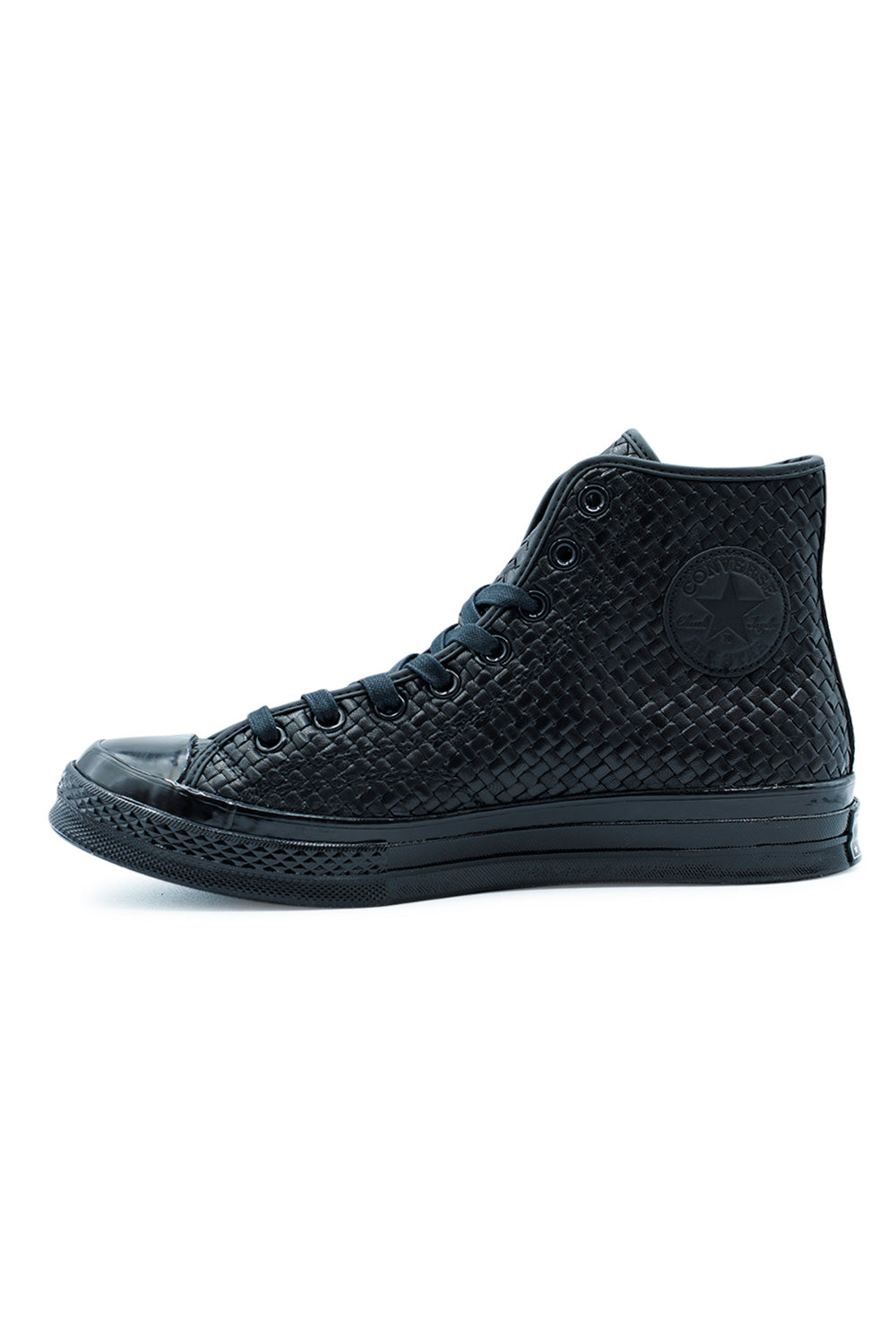 High-quality Converse Chuck 70 Hi Black Woven Leather shoes, sophisticated reinterpretation of the classic Chuck with flat cotton laces.