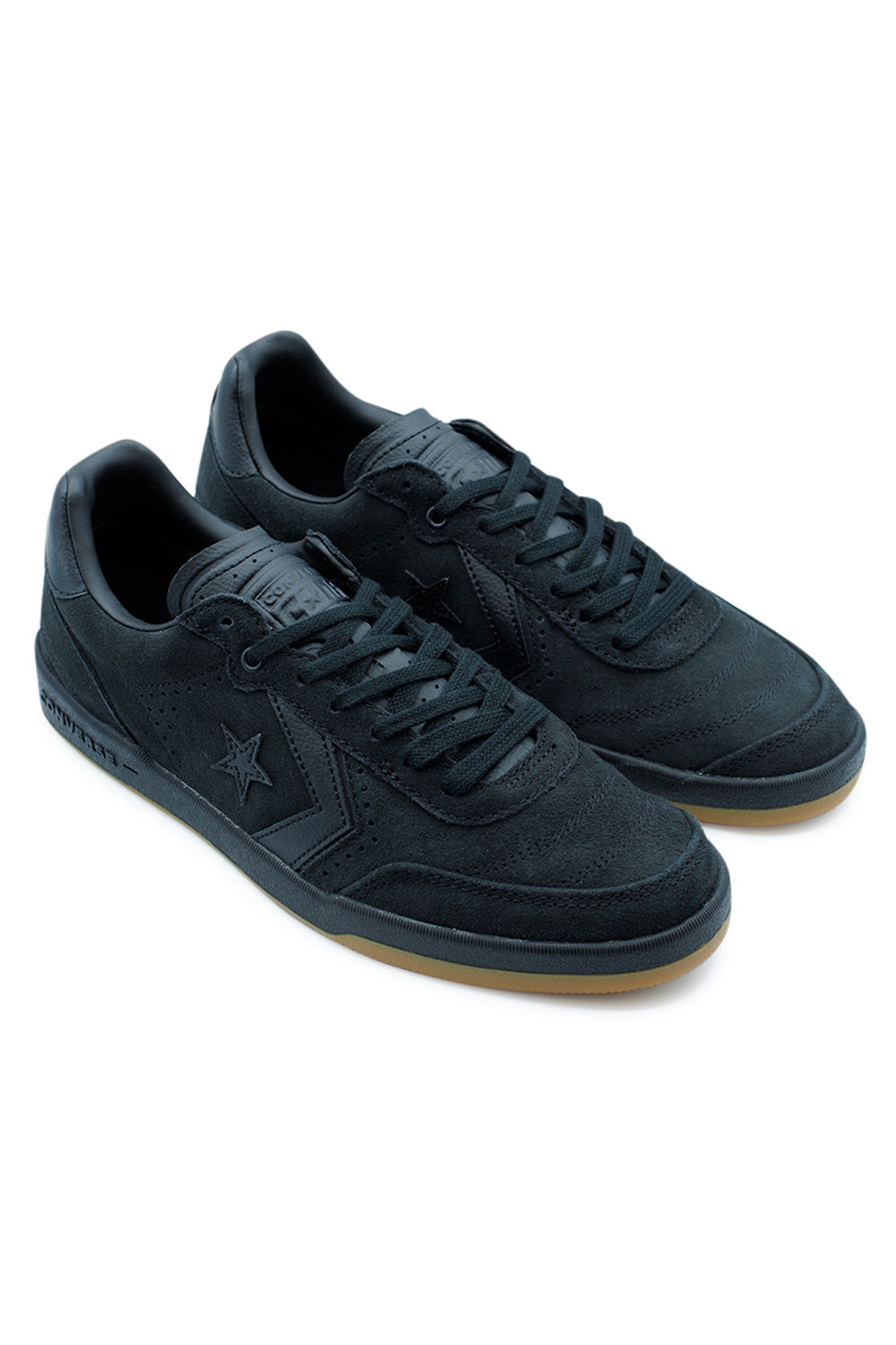 Side profile of Converse CONS Louie Lopez Pro 2 OX Black Black Gum, low-profile skateboarding shoe with Star Chevron branding.