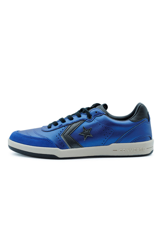 Converse CONS Louie Lopez Pro 2 OX skate shoe in blue silver black colorway, side view showing leather upper, metallic Star Chevron and low profile cupsole design
