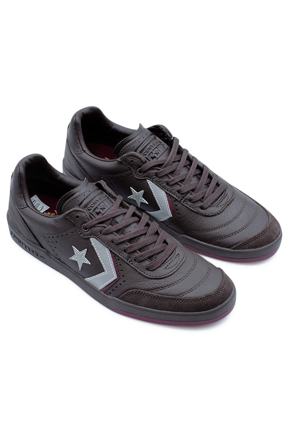 Converse CONS Louie Lopez Pro 2 OX low-top skate shoes shown as a pair, combining premium leather, suede forefoot and reflective Silver Star Chevron for refined skate style