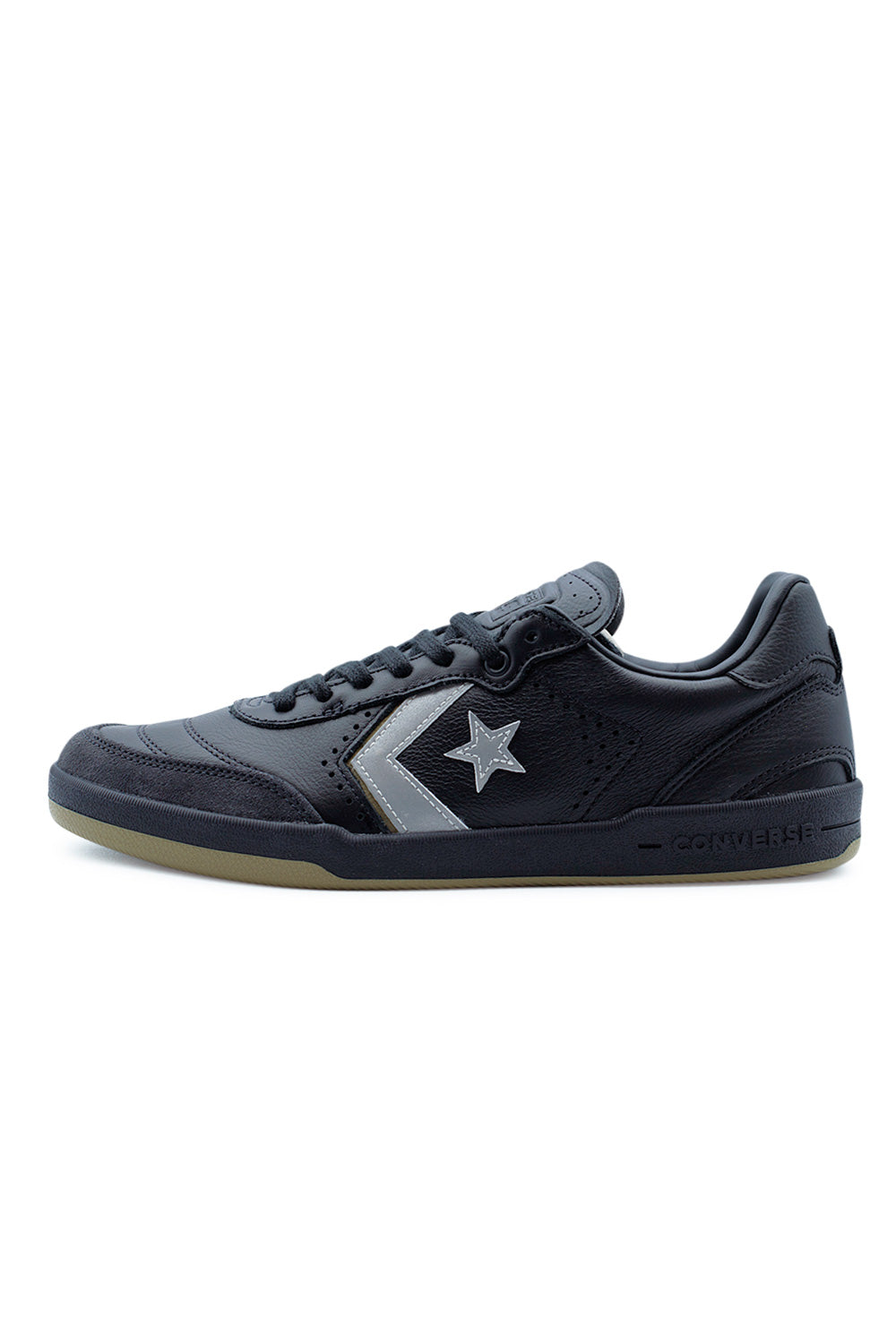 Side view of Converse CONS Louie Lopez Pro 2 OX skate shoes in Total Eclipse and Swamp Core, featuring a low-profile silhouette with premium leather upper, suede forefoot reinforcement, reflective Star Chevron branding, and durable cupsole construction for modern skateboarding.