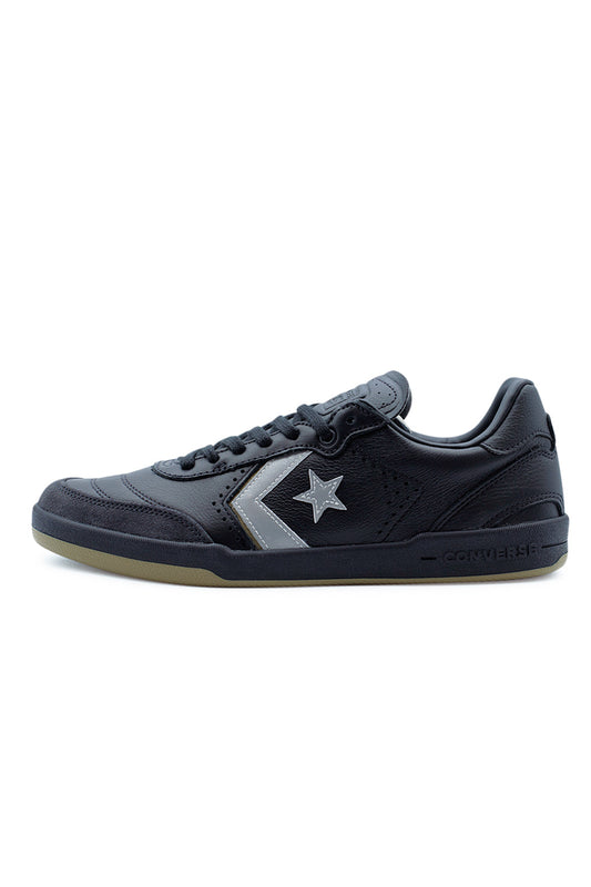 Side view of Converse CONS Louie Lopez Pro 2 OX skate shoes in Total Eclipse and Swamp Core, featuring a low-profile silhouette with premium leather upper, suede forefoot reinforcement, reflective Star Chevron branding, and durable cupsole construction for modern skateboarding.
