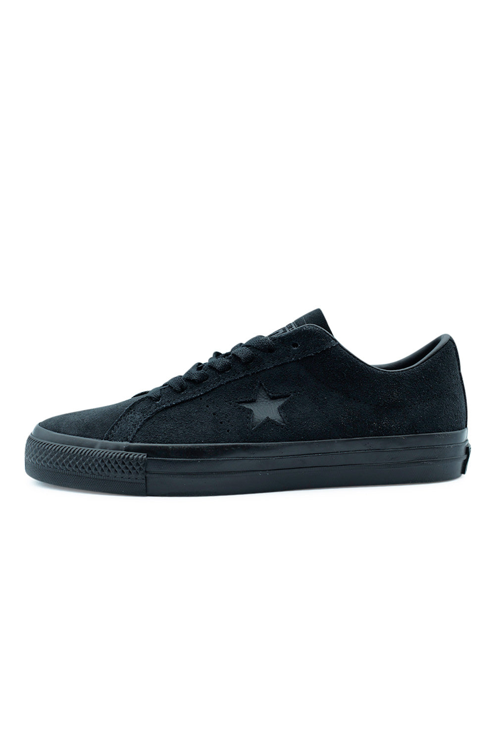 Converse CONS One Star Pro OX Black skate shoe side view showcasing the all-black suede upper, embossed One Star logo, and durable CONS build for high-performance skateboarding.