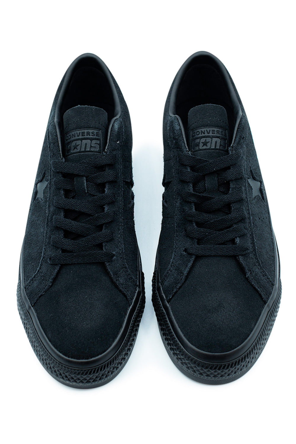 Top-down view of the Converse CONS One Star Pro OX Triple Black sneaker with reinforced suede, elastic tongue straps, and CX cushioning designed for responsive board control.