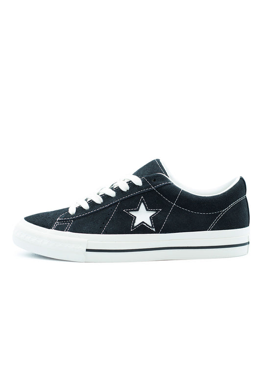 Converse One Star 95 OX Black Vintage White, unisex suede skate shoe reissuing the original 1995 silhouette with OrthoLite cushioning.