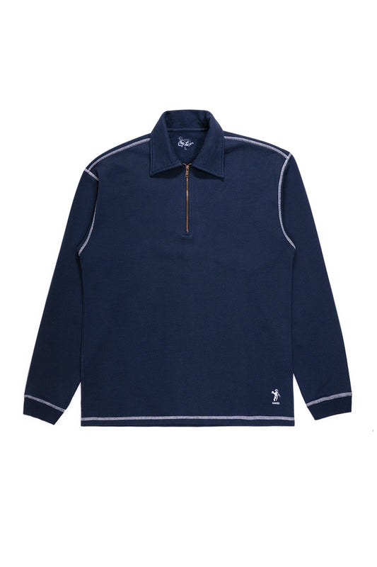 Dancer Half Zip Shirt Navy – Dunkelblaues Half-Zip-Shirt aus 100 % Baumwolle mit 480 g/m² Jersey-Stoff, weißer Kontrastnaht und seitlichem Print-Design, hergestellt in Portugal.