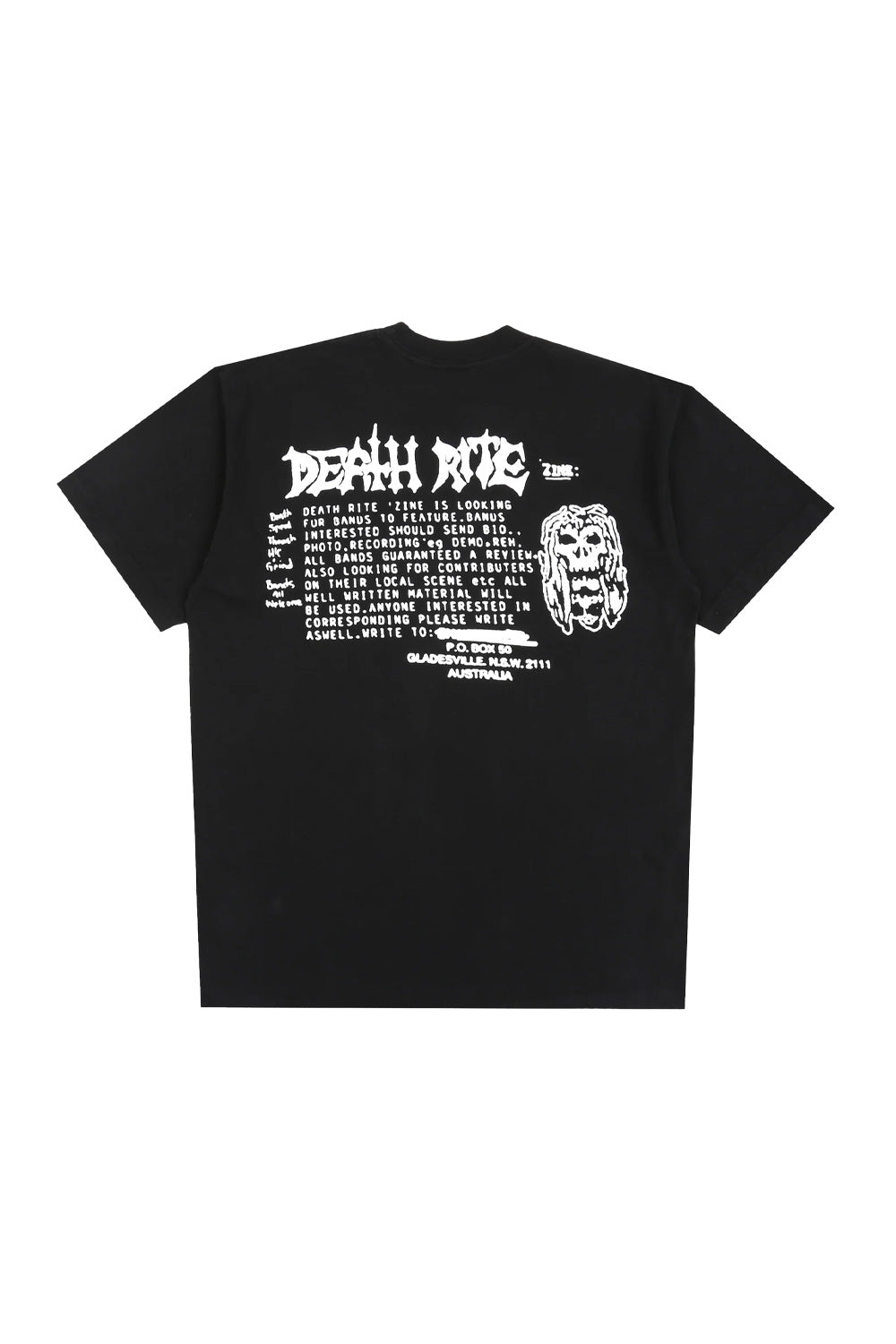 Back view of the black Death Rites Classified '89 t-shirt, featuring a large white graphic print of an underground fanzine ad text and a detailed skull illustration.