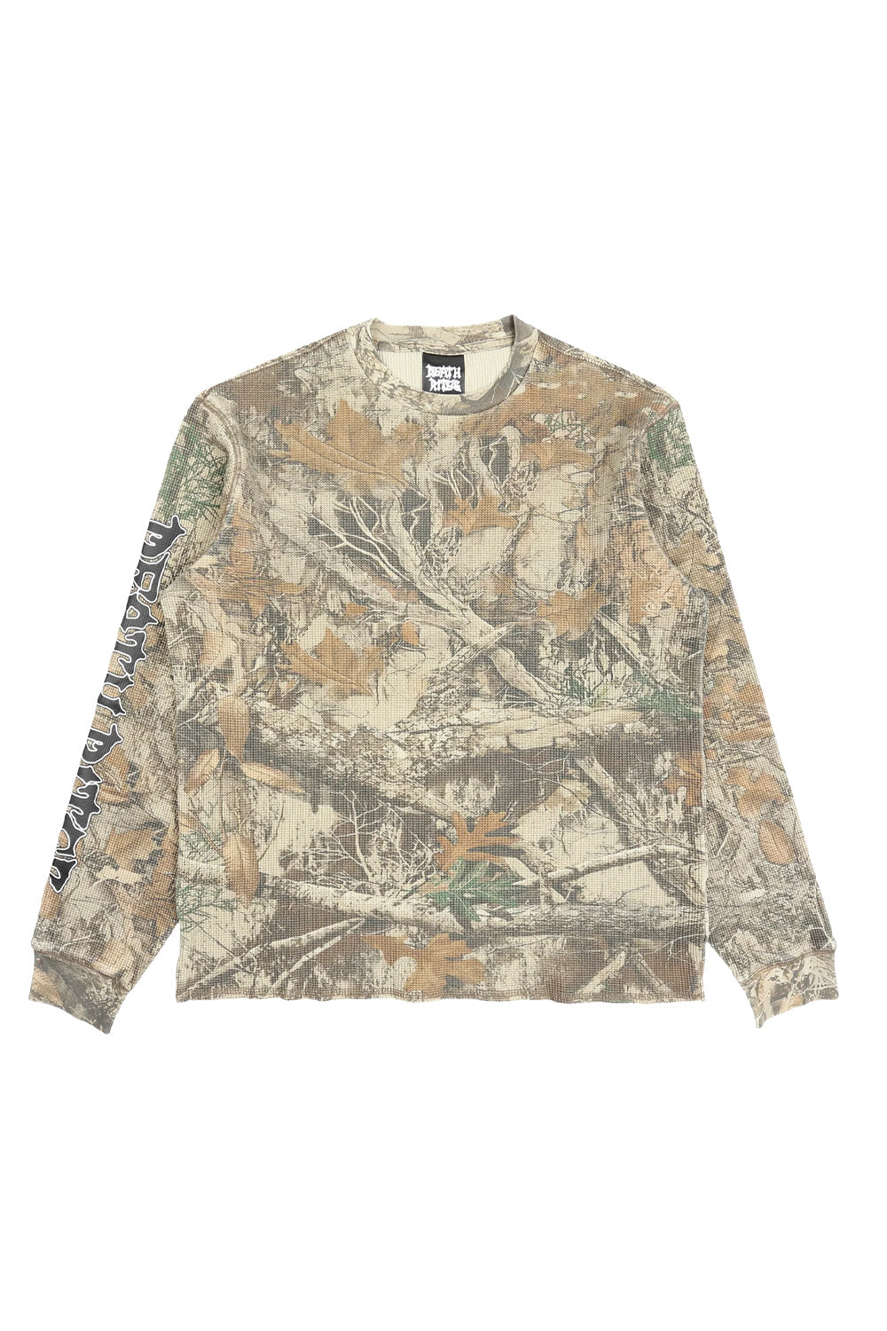 Death Rites Script Sleeve Waffle Knit Crewneck Top Tree Camo