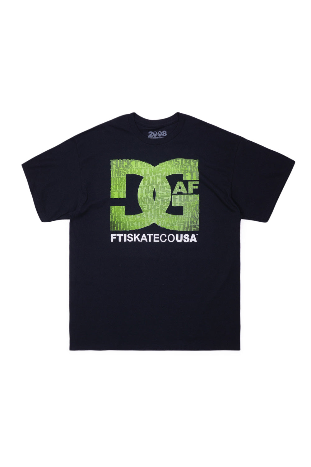 Front flat lay view of the Fuck This Industry DGAF T-Shirt in black, made from 100% cotton, featuring short sleeves, a ribbed crewneck collar, and a large centered chest print parodying archival 2000s skate footwear logos with an all-over neon lime green "FUCK THIS INDUSTRY" repeating typographic fill underlined by bold white "FTISKATECOUSA" lettering