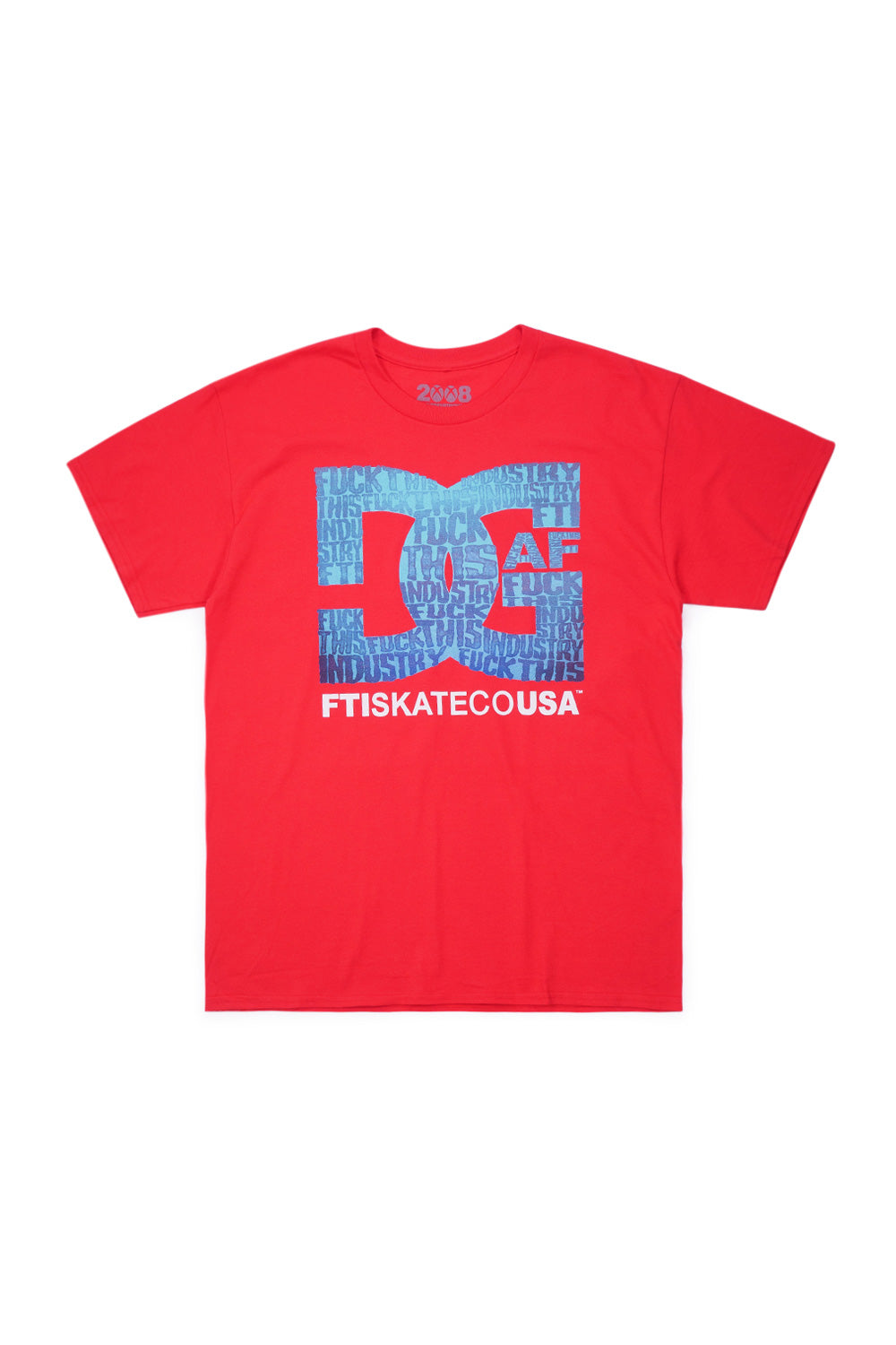 Front flat lay view of the Fuck This Industry DGAF T-Shirt in red, crafted from 100% cotton, featuring a classic crewneck collar, short sleeves, and a large centered chest graphic inspired by early 2000s skate culture, showcasing an oversized blocky logo silhouette layered with light blue and dark blue "FUCK THIS INDUSTRY" all-over text patterns and bold white "FTISKATECOUSA" typography beneath