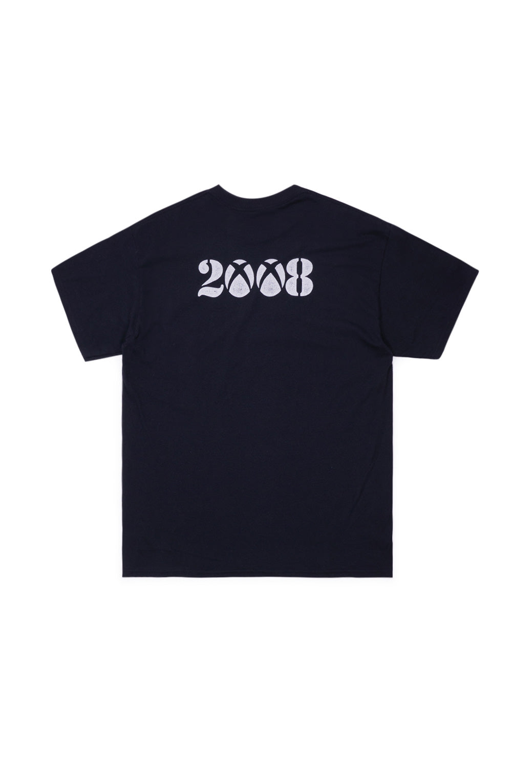 Back flat lay view of the black Fuck This Industry Est 2008 T-Shirt, highlighting the centered upper back screen print displaying "2008" in bold white stylized numbers, with the zeros styled as circular early-2000s gaming console sphere logos