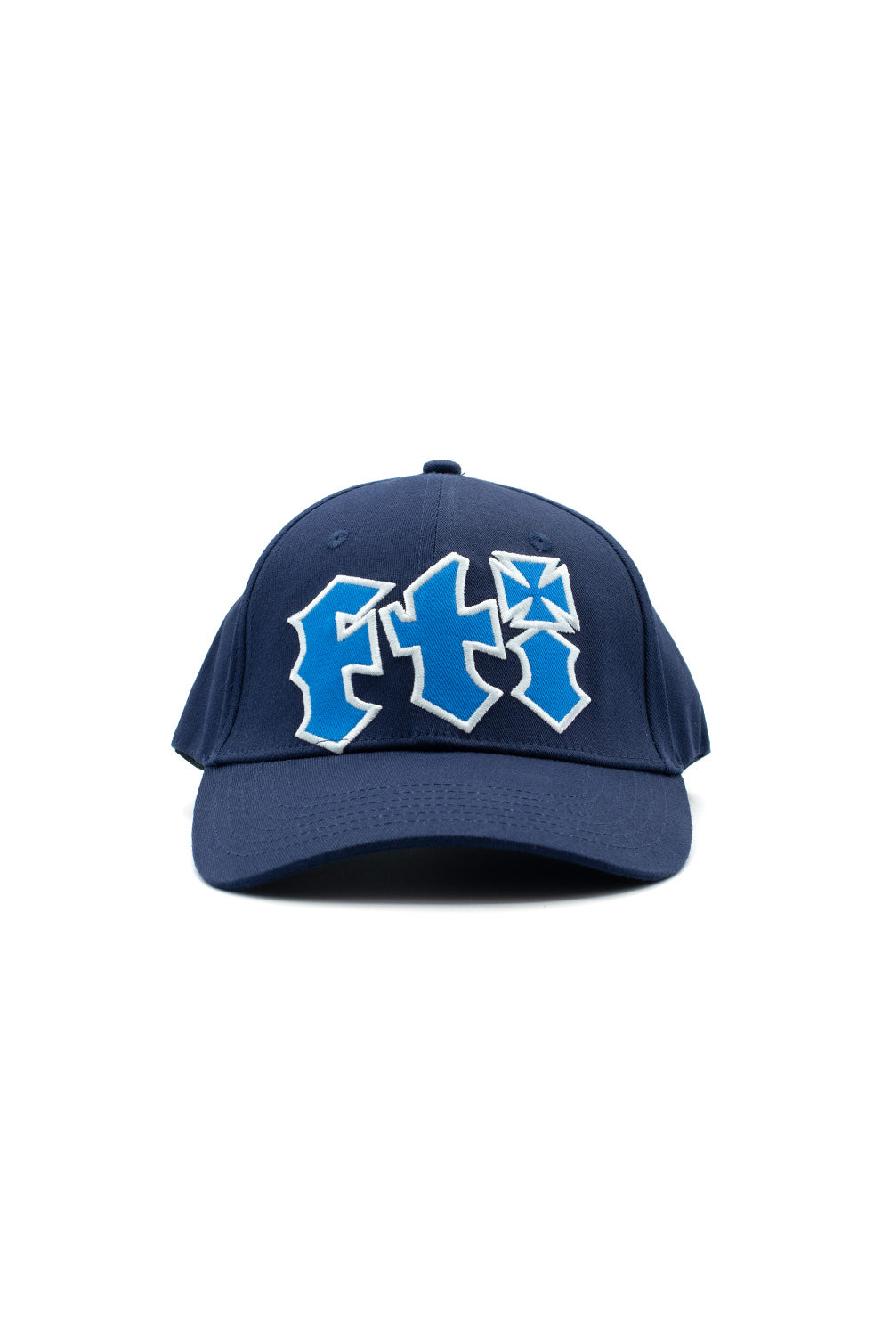 Front studio view of the Fuck This Industry Sorry Hat in navy blue, crafted from 100% cotton twill, featuring a curved brim and a large centered 3D puff embroidery of the stylized "FTI" acronym in bright royal blue with a thick white border, incorporating an iron cross motif into the letter I