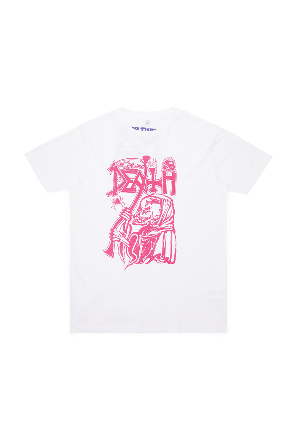 „Good Things Death T-Shirt Weiß – Vorderansicht mit auffälligem Print“
